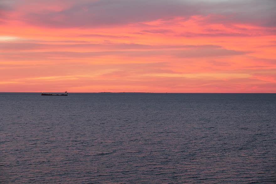 Sea, Cargo Ship, Sunset, Ocean, Boat, Freighter, Water, Seascape, Horizon, Sky, Clouds
