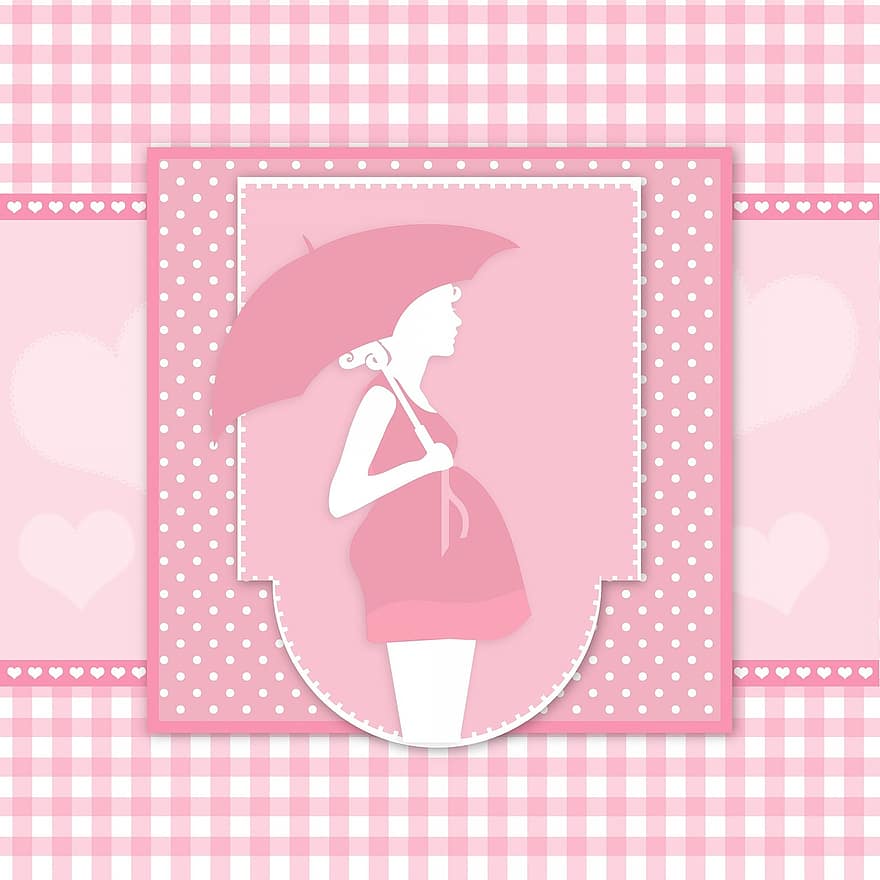 nainen, raskaana, sateenvarjo, vauvan suihku, tyttö, kortti-, scrapbooking, söpö, pinkki, valkoinen, polkkakuvio