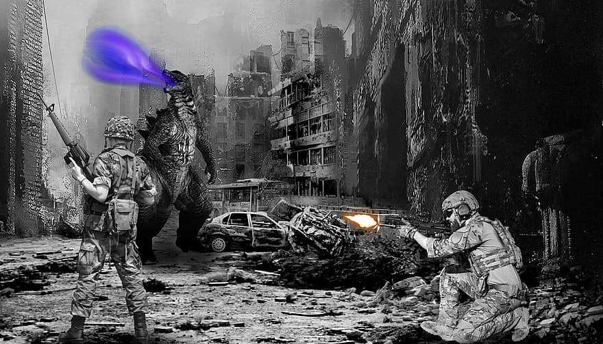 Background, War, Godzilla, Soldiers, Fantasy, Characters, Digital Art