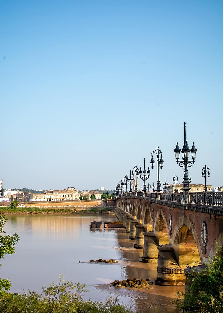 jembatan, jembatan batu, sungai, jembatan jalan, bersejarah, historis, saluran, jalan air, air, Pont De Pierre, Garonne