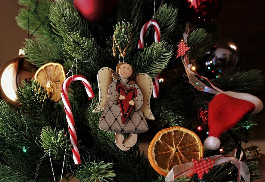 Kalėdų eglutė, papuošalai, Kalėdos, angelas, atostogos, atėjimas, Kalėdinis atvirukas