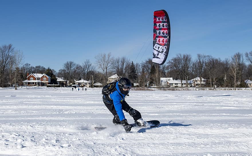 zmeu, kite boarding, kite surfing, Zmeul de zăpadă, iarnă, sportiv, sporturi extreme, zăpadă, bărbați, viteză, activități recreative