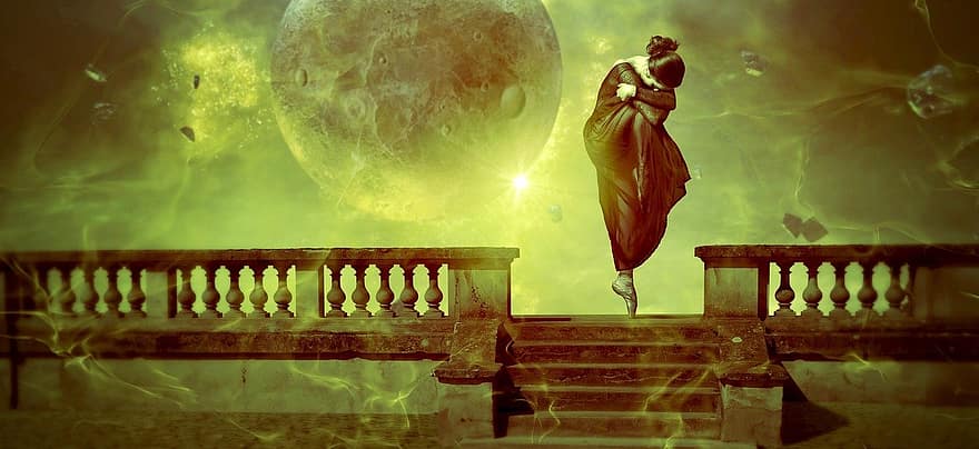 Moon, Light, Woman, To Dance, Ballet, Stairs, Fantastic, Magic, Mystical, Green, Mood