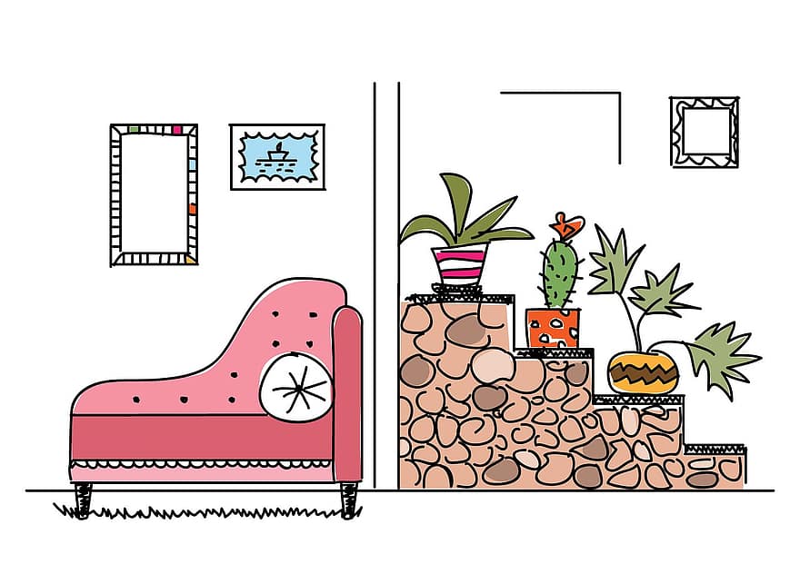 intérieur, pièce, les plantes, échelle, canapé, esquisser, maison