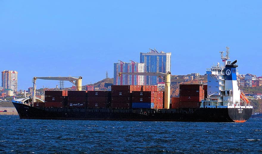 контейнеровоз, море, морски, транспорт, нападение, Владивосток, промишленост, плавателен съд, доставка, товарен контейнер, товарен транспорт