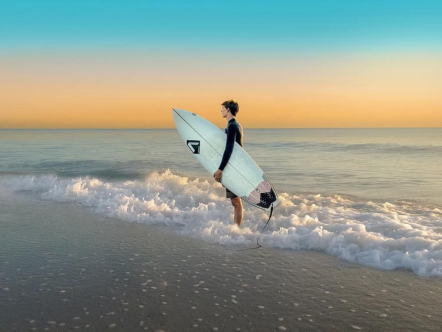 surfer, onde, oceano, spiaggia, tramonto, acqua, ragazzo, riva, tavola da surf, uomini, estate