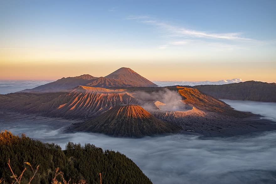 вулкан, Индонезия, гора, туман, холмы, лес, пейзаж