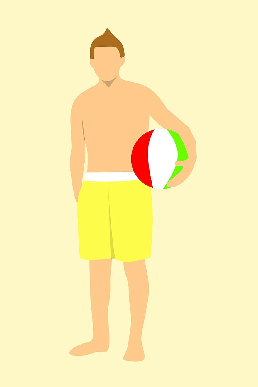 Shirtloze jonge man, Een strandbal vasthouden, man, strand, zonder shirt, beachwear, volwassen, bal, zorg, genieten van, uitrusting