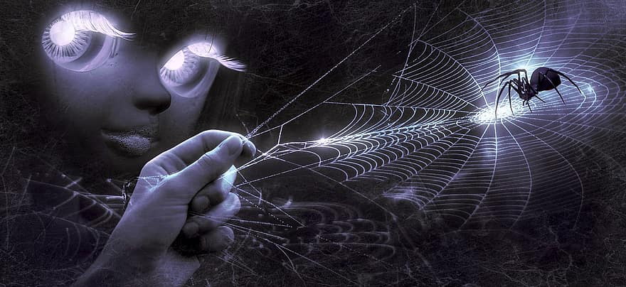 fantaisie, main, le web, araignée, visage, les yeux, poupée, lumière, sombre, foncé, mystique