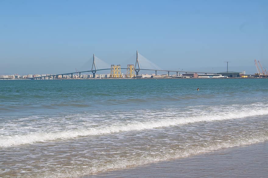 il porto di santa maria, spiaggia, Levante Beach, ponte, ponte della costituzione, spiagge, orizzonte, porta, Cadice, mare, Spagna