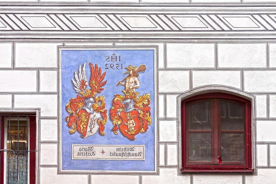façade, gothique, blason, des fresques, ulm, ville, architecture, bâtiment, maison, moyen Âge, Württemberg