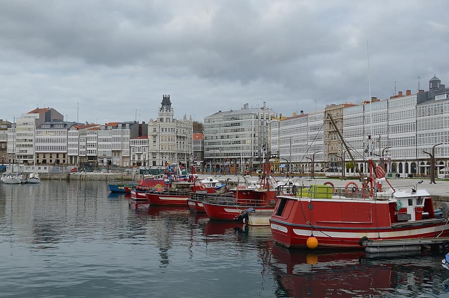 by, Havn, la coruna, Galicien, Spanien, en coruña, både, bygninger, by-, havn, hav