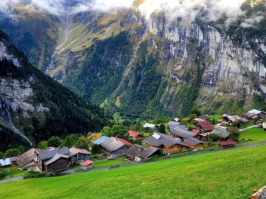 Switzerland, Village, Mountains, Alps