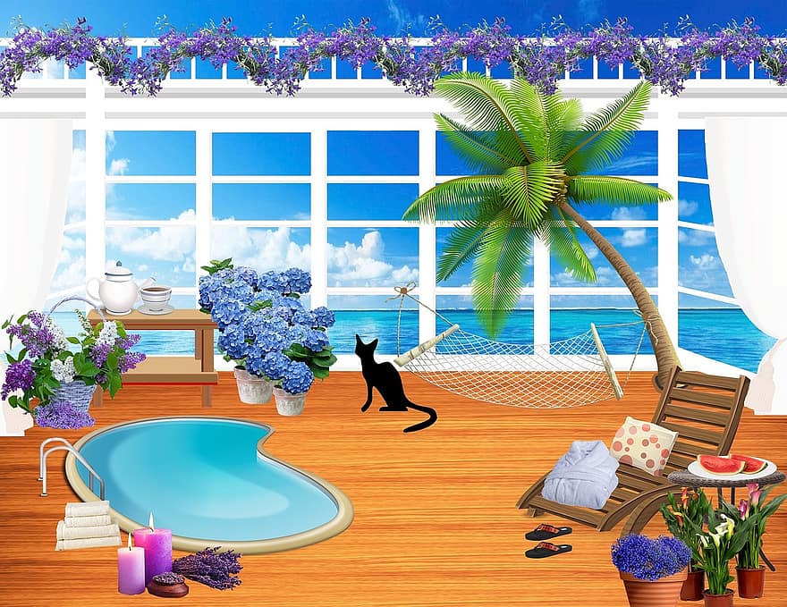 erkély, veranda, nyári, virágok, fekete macska, tengerpart, természet, székek, asztal, nyugalom, pihenés