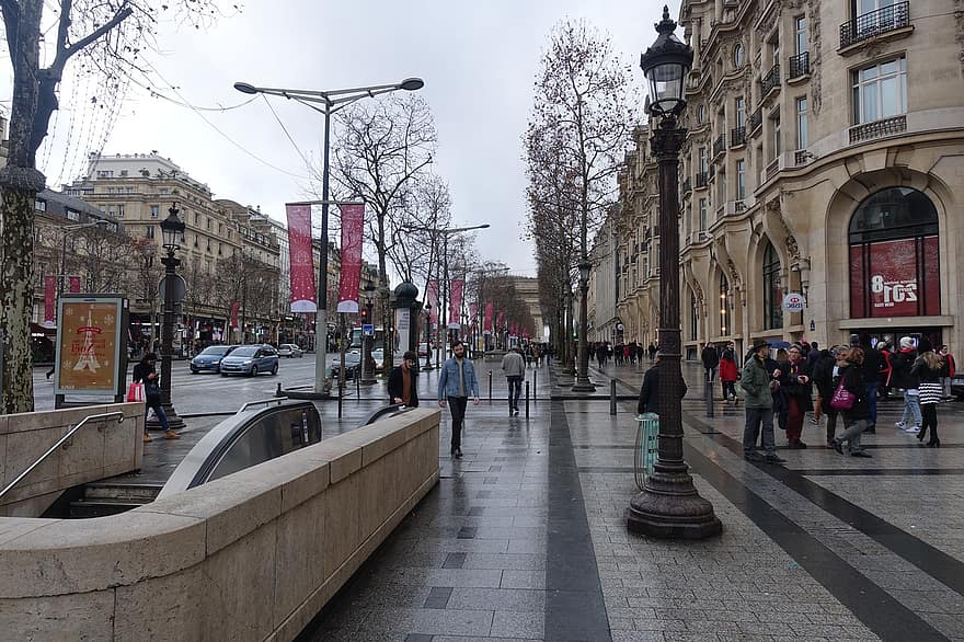 Paris, champs-elysees, trotoar, jalan, kota, Perancis, di luar rumah