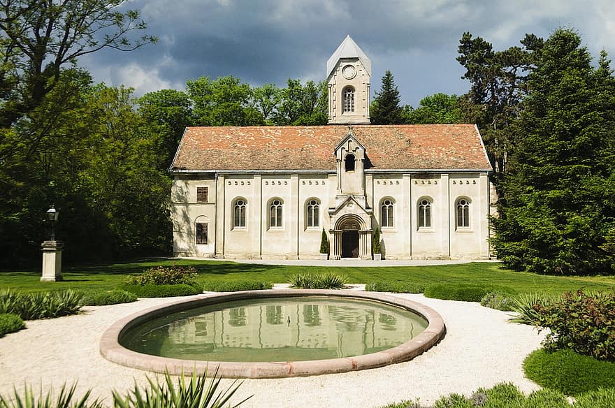 gereja, kolam, Arsitektur, agama, Gaya Neo-romantik, cagar Alam, arboretum, kapel, Hongaria, air, danau