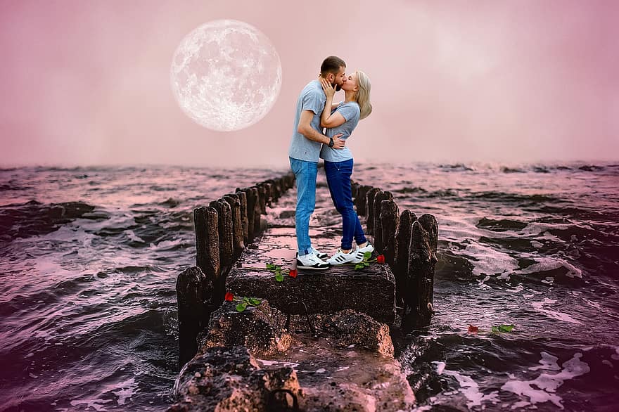 Paar, Kuss, Meer, Liebe, Menschen, Romantik, Seebrücke
