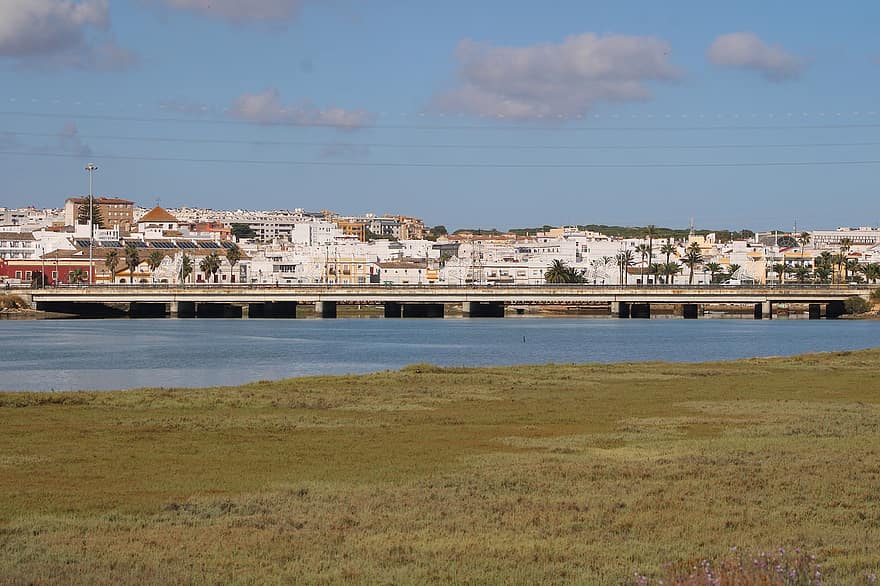 přístav santa maria, město, most, řeka, guadalete, salinas, Španělsko, krajina, cadiz, andalusie, cestovní ruch