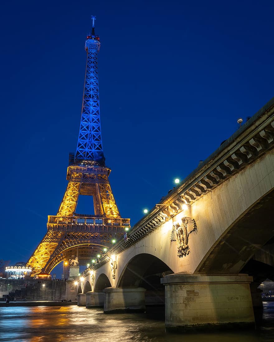 paris, Eiffeltornet, frankrike, stad, natt, lampor, himmel, turism, resa, bro, flod