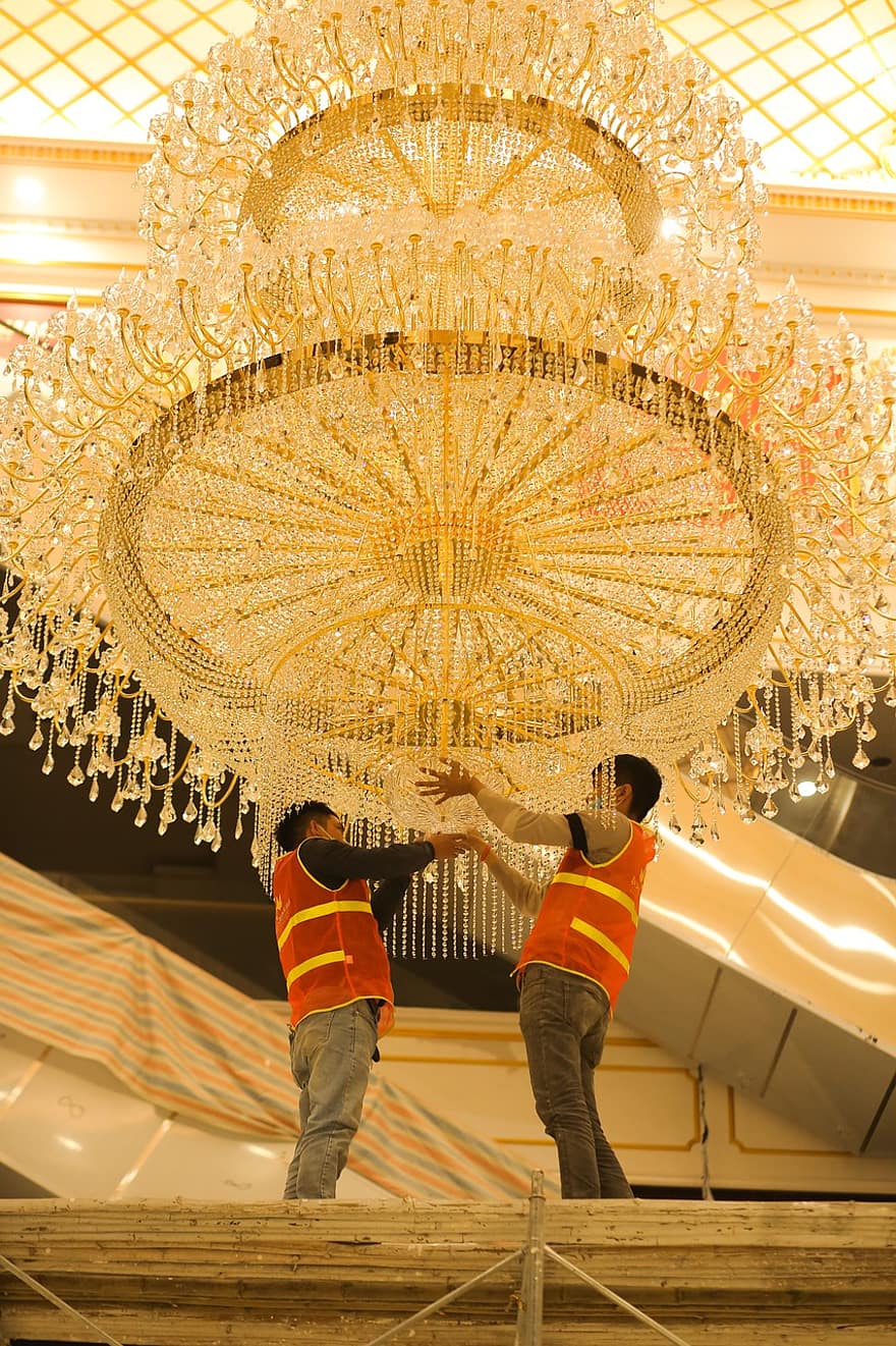 Chandelier, Workers, Maintenance, Men, Cleaning, Crystal Lamps, Lights, Light Fixture, occupation, working, adult