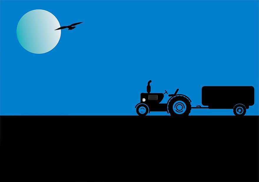 traktor, krajina, Příroda, temný, modrý, ilustrátor