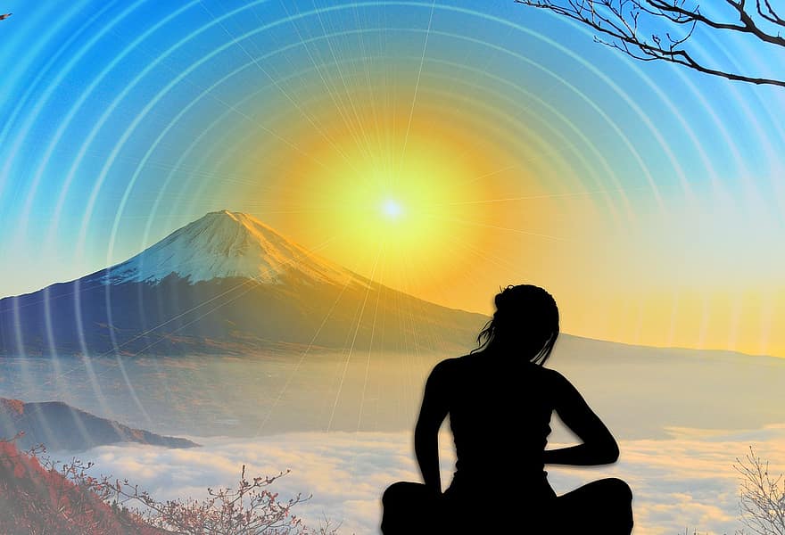 медитация, положительный, мыслить позитивно, женщина, гора, солнце, силуэт, отношение, обдумывать, остальное, остаток средств