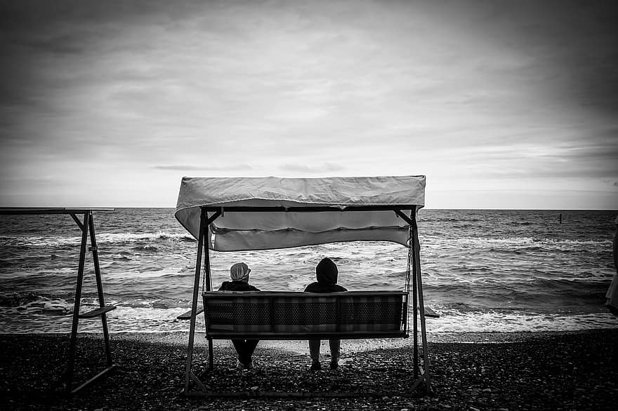 couple, chaise, plage, le sable, mer, vagues, personnes