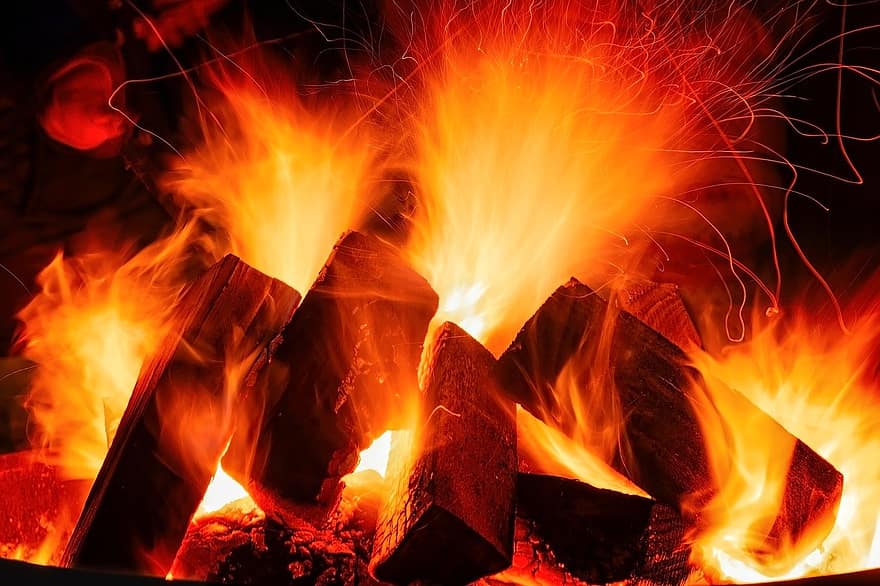 вогонь, полум'я, багаття, камін, вуглинки, гарячий, опік, тепло