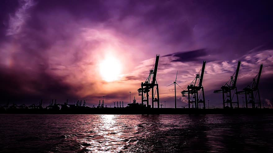 Liman, Hamburg, gün batımı, yükleme iskelesi, akşam karanlığı, Elbe nehri