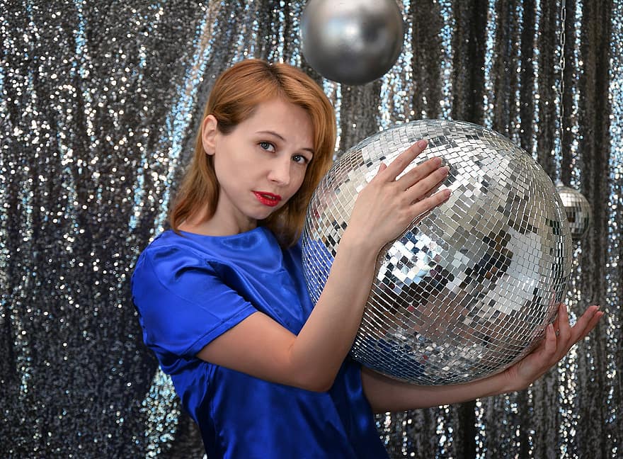 Woman, Model, Portrait, Blue Outfit, Fashion, Modeling, Pose, Posing, Disco Ball, Young Woman, Female