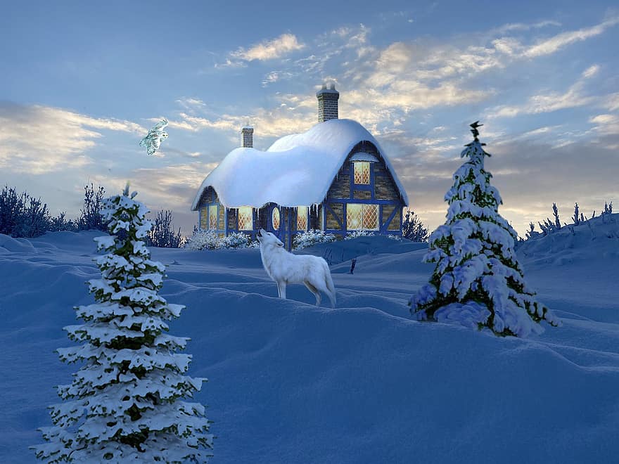 Background, Woods, Snow, Winter, House, Wolf, Owl, Fantasy, Digital Art