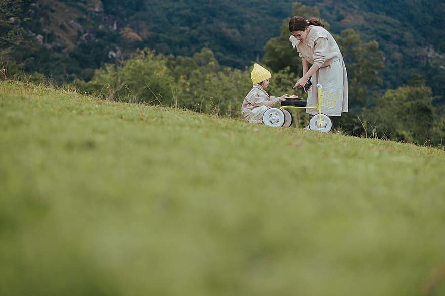 Mother And Child, Meadow, Family, Park, Lakeside, Outdoors, child, summer, lifestyles, grass, happiness