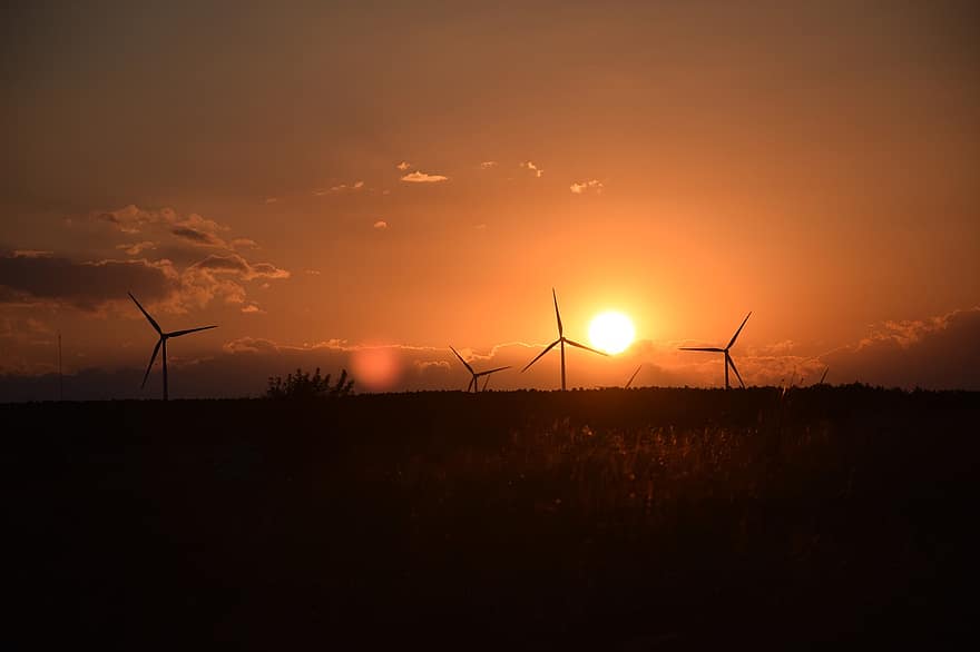 Sunset, Windmills, Energy, Clouds, Background, Fields, Nature, Wind Power