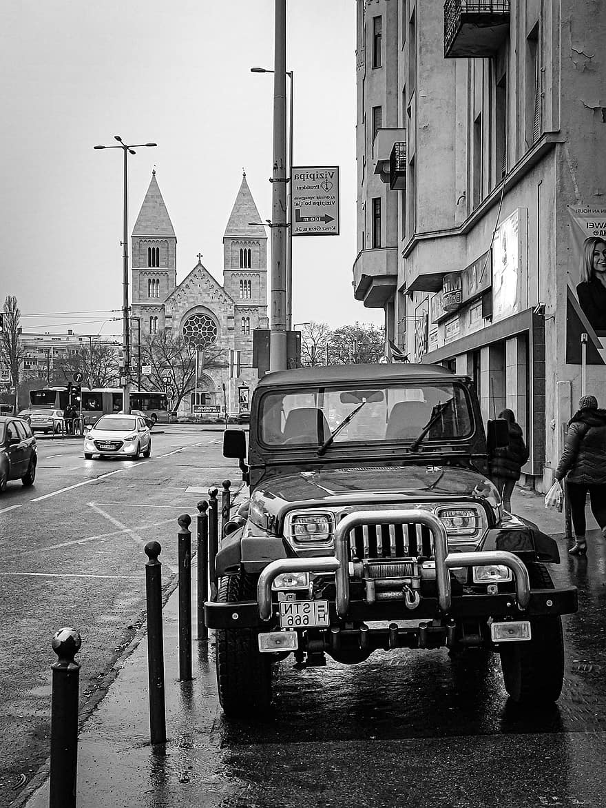 bil, jeep, køretøj, gade, auto, retro, automobil, by, budapest, ungarn