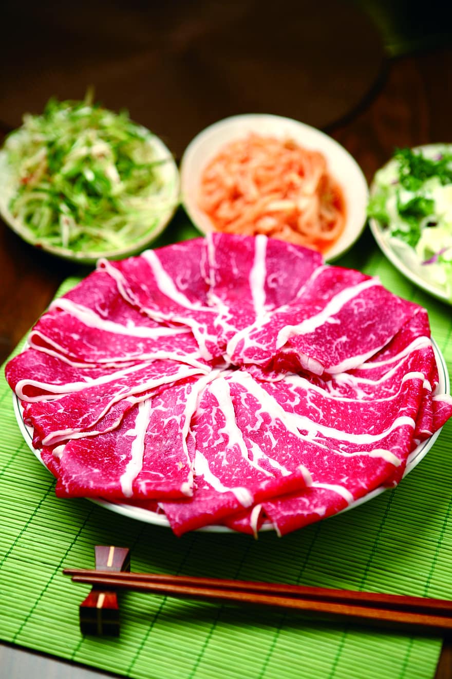 Meat, Food, Ingredients, Raw, Thin Meat, Chopsticks, Meal, Restaurant