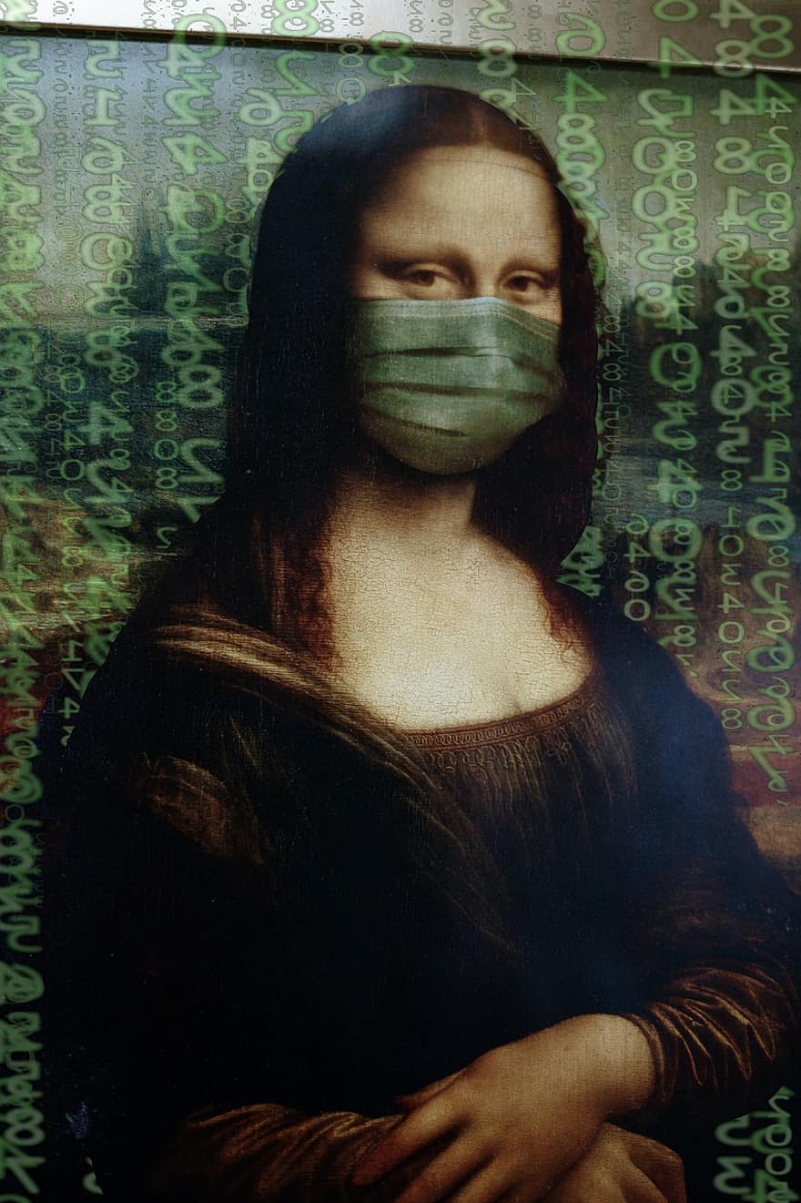 Мона Лиза, маска, матрица, коронавирус, корона, вирус, здраве, карантина, живопис от мона лиза, пандемия, епидемия