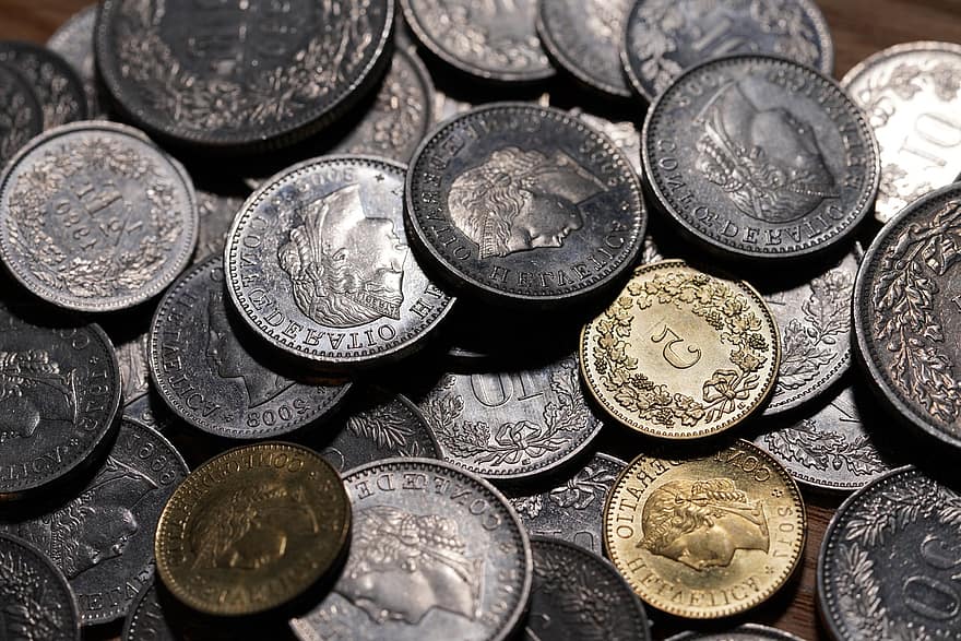 pénz, svájci frank, érmék, jólét, pénzügy, érme, valuta, banki, fém, megtakarítás, háttérrel