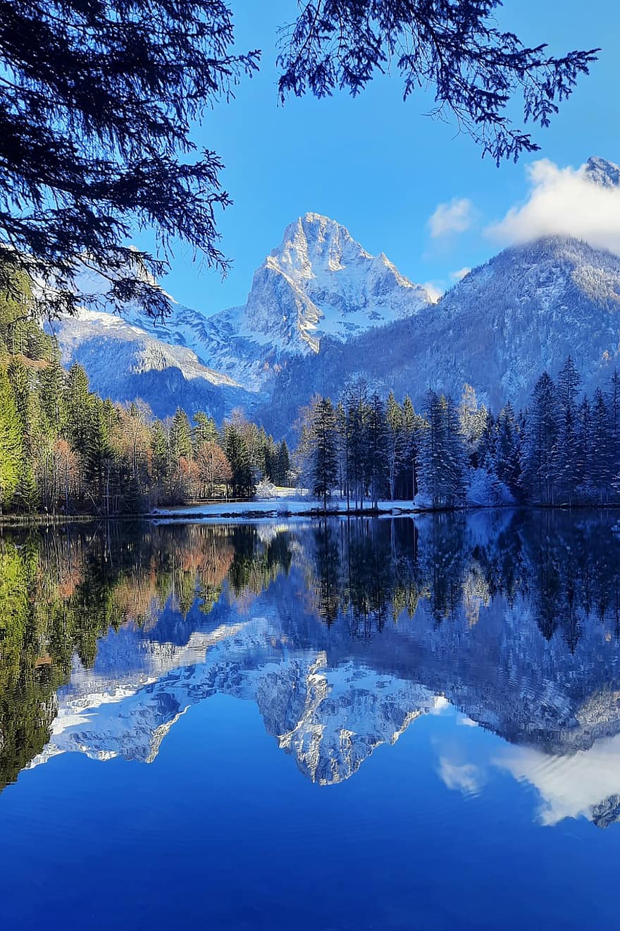 sjö, bergen, reflexion, snö, vatten, träd, vintrig, vinter-, kall, alperna, alpin