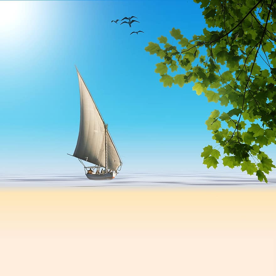 Segelboot, Pflanze, Wasser, Meer, Sand, Strand, Urlaube, Sommer-, Blau, Himmel, atmosphärisch