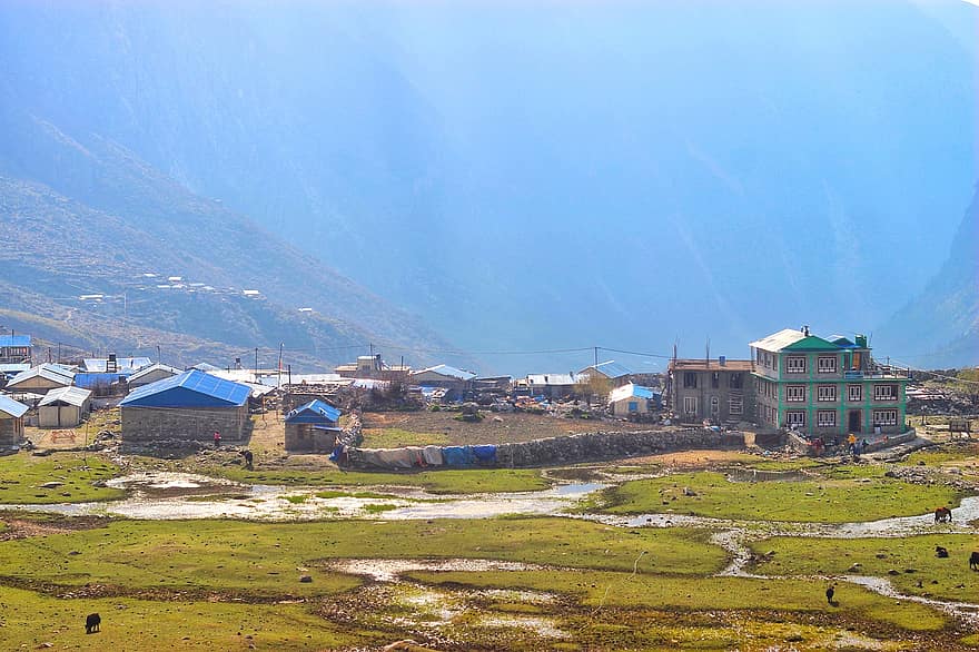 χωριό, κοιλάδα, βουνά, πόλη, σπίτια, ομίχλη, ποτάμι, Nepal, langtang, Κυάντζιν, Rasuwa