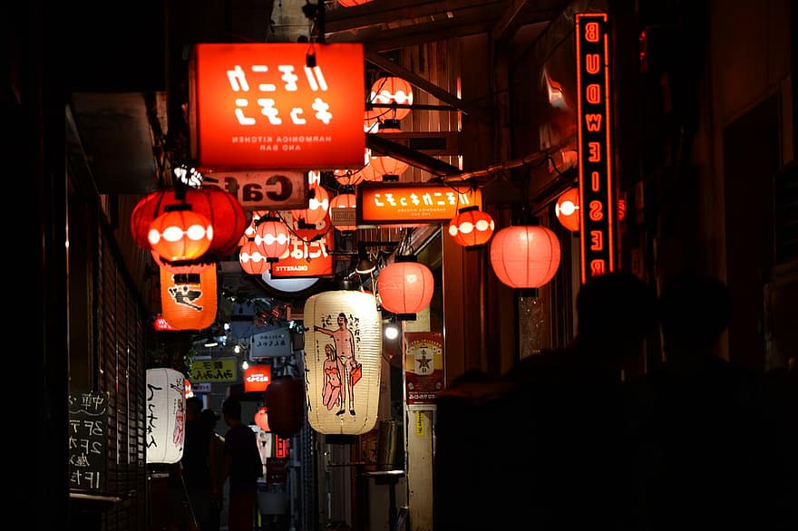 izakaya, allée japonaise, nuit, ruelle, Japon, rue commerçante