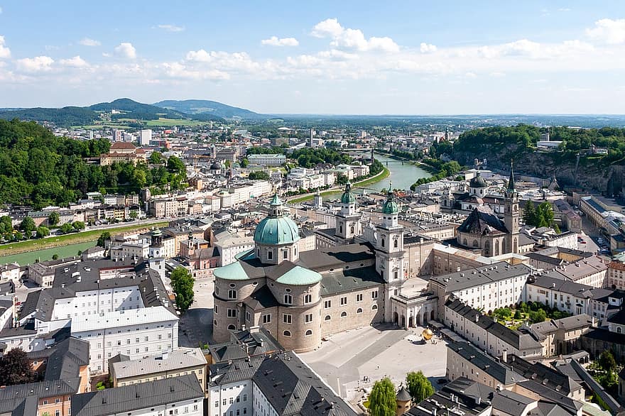 град, Европа, пътуване, туризъм, Залцбург, Австрия, дестинация, градски пейзаж, архитектура, известното място, изглед от въздуха
