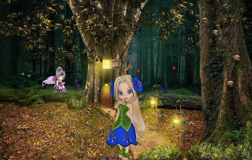 elf, Zana, casă in copac, pădure, mistic, fantezie