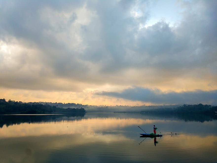 природа, езеро, риболов, дейност, на открито, пътуване, проучване, Андаманско, залез, вода, здрач