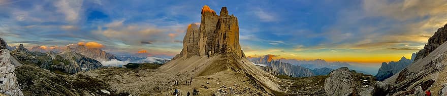 matahari terbenam, alam, di luar rumah, tiga puncak, gunung, pegunungan Alpen, selatan-tirol, Italia, kenaikan, tre cime di lavaredo, puncak gunung