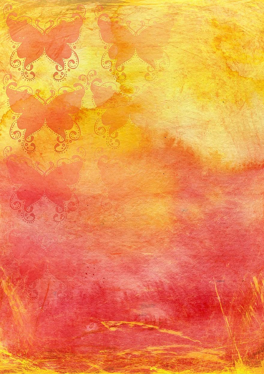 Background, Watercolor, Butterfly, Orange, Pink, Grunge, Paper, Old, Design, Pattern, Classic