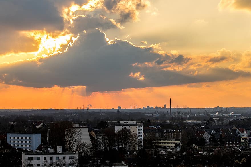 Herne, City, Sunset, Clouds, Sunlight, Sky, Big City, Town, Ruhr Area, Industry, Industrial Heritage Route