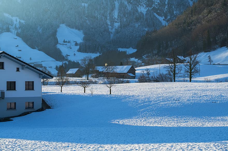 Maisons, cabines, village, neige, hiver, soir, Suisse, Montagne, paysage, saison, la glace