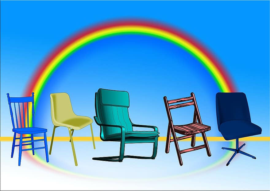 의자, 앉다, 좌석, 상이, 다른, 무지개, 범위, 부, 스펙트럼, 음식물, 혼합물