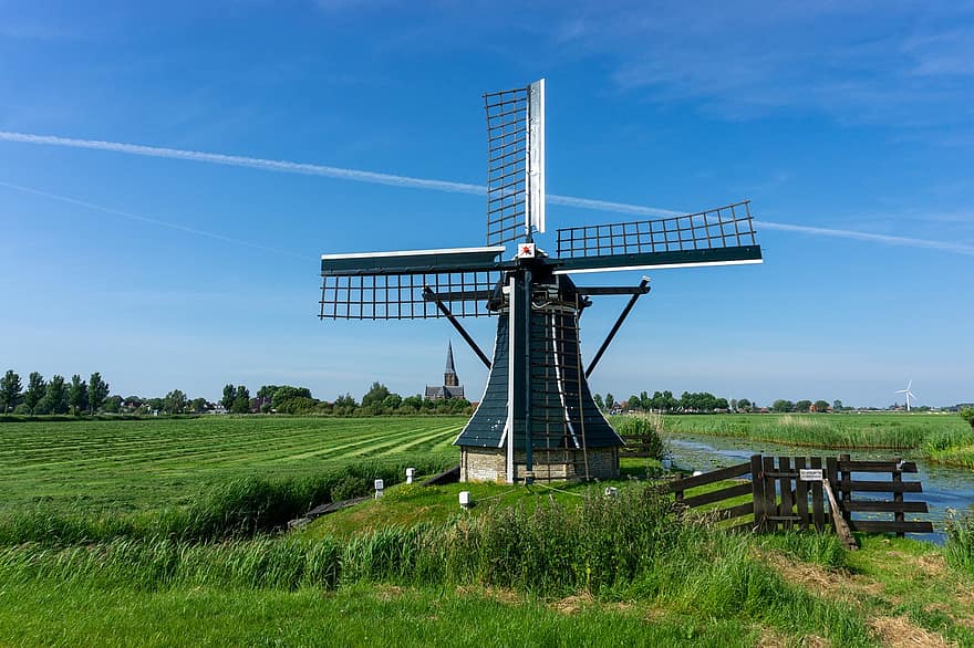 vindmølle, landsby, holland, nederland, gammel vindmølle, vindkraft, struktur, historisk, turisme, felt, landlig
